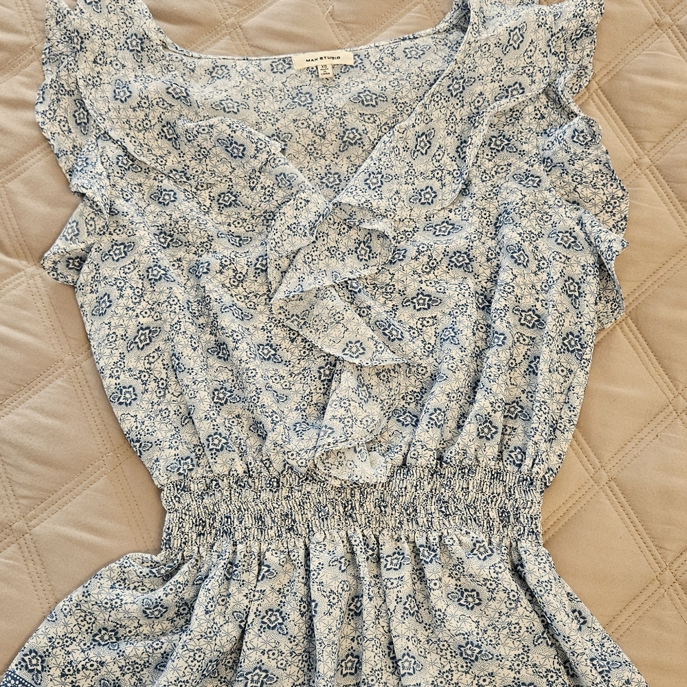 Max Studio Blue Floral Ruffle Blouse